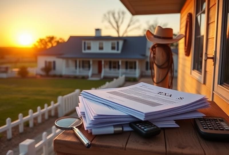 Texas ranch sunset with Houston-style home, cowboy hat, and property tax documents on porch, emphasizing