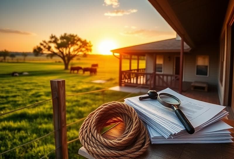 Texas ranch sunset with property documents, lasso, and HISD property tax review tools.
