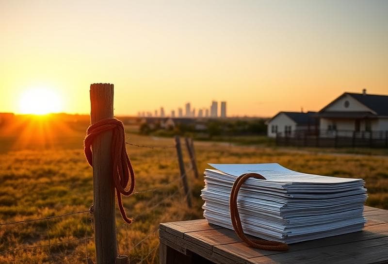 Texas ranch sunset with Houston suburbs, lasso on fence, and property tax documents under golden