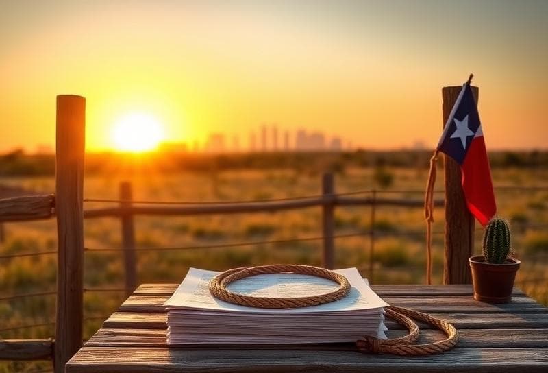 Texas ranch sunset with Houston skyline, property tax documents, and a lasso symbolizing state tax