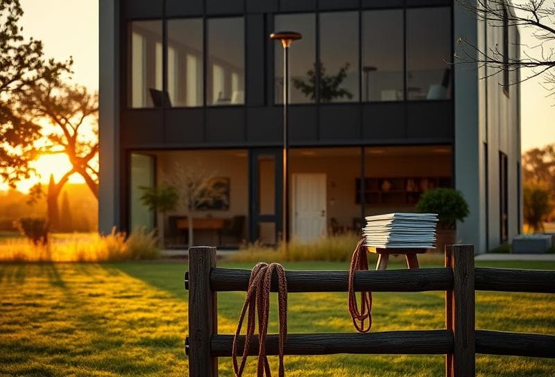 Modern Houston office with Texas ranch-style home, lasso on fence, and property tax documents on