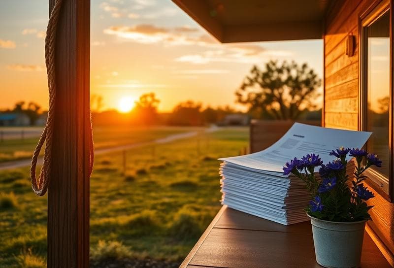 Texas ranch home with lasso and property tax documents, Almeda Estates sunset backdrop.