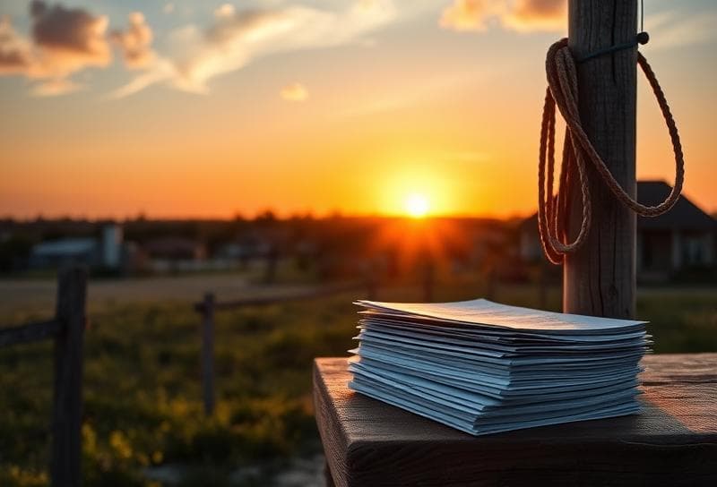 Sunset over a Texas ranch with Houston suburbs, lasso on fence, and property tax documents