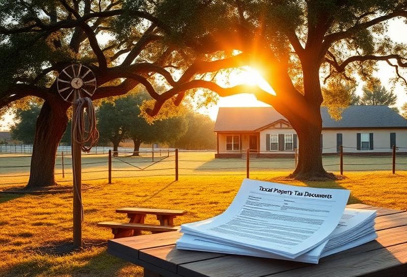 Sunlit Texas ranch with suburban home, lasso, and property tax documents under an oak tree.