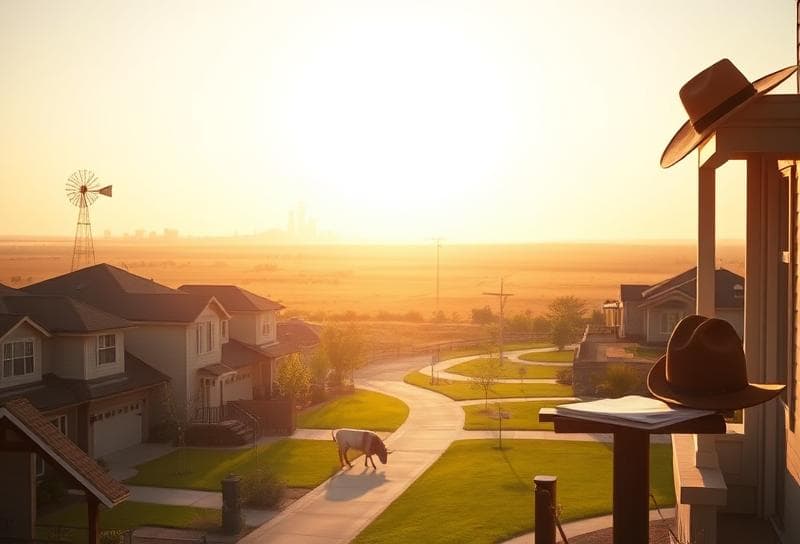 Sunlit Houston suburban neighborhood with lush lawns, longhorn grazing, and Houston skyline backdrop, highlighting property