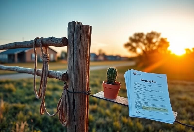 Sunset over a Texas ranch with a lasso, property tax documents, and Houston suburbs in