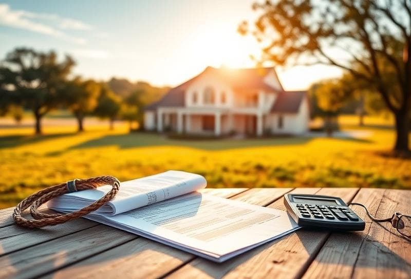 Sunlit Texas ranch with a Houston-style home, property tax documents, and a lasso symbolizing IRS