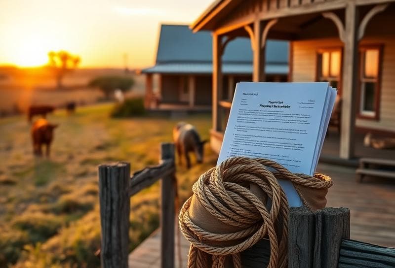 Texas ranch sunset with property tax documents on a rustic porch, grazing cattle, and a