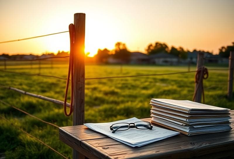 Sunset over a Texas ranch with a lasso on a fence, property documents on a