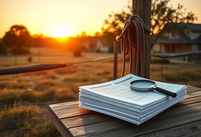 Sunset over a Texas ranch with Houston suburbs, lasso on a fence, and property tax