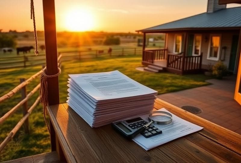 Texas ranch sunset with property tax documents, lasso, and grazing cattle, highlighting personal property taxes