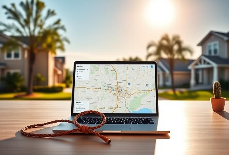 Modern Houston suburban neighborhood with a desk featuring a county CAD GIS map, lasso pen