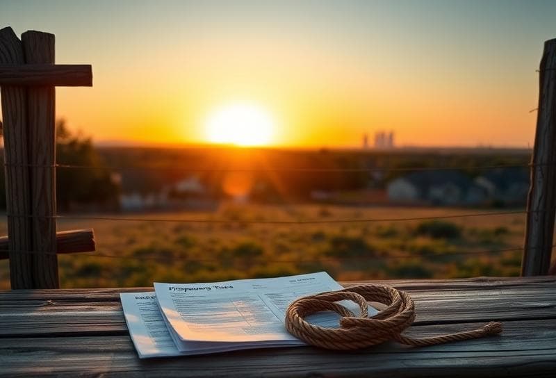 Texas ranch sunset with property tax documents and lasso, Houston skyline in distance, showcasing online