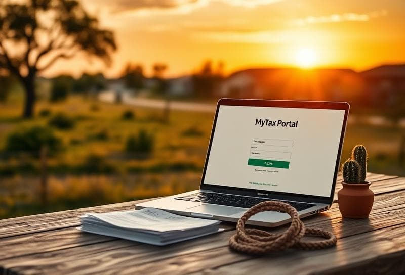 Rustic Texas ranch table with laptop on MyTax Portal login, property tax documents, and coiled