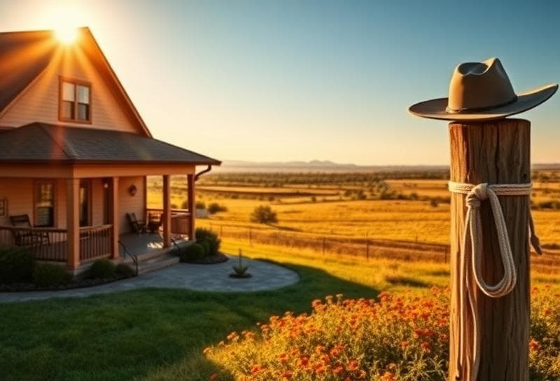Golden hour Texas ranch landscape with Houston suburban home, cowboy hat, and lasso, symbolizing rental