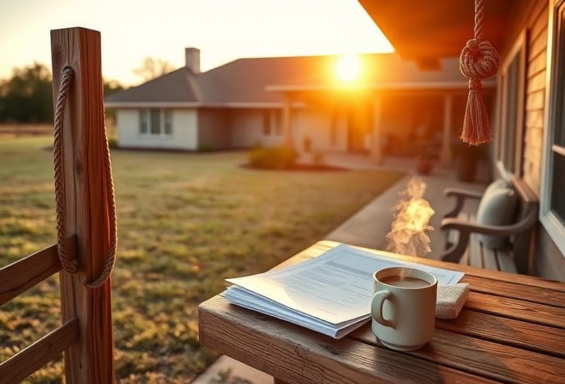 Sunlit Texas ranch with Houston-style home, lasso on fence, and property tax documents on porch.
