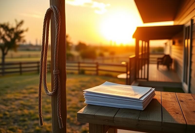 Sunset over a Texas ranch with lasso on fence, Houston skyline, and property tax documents