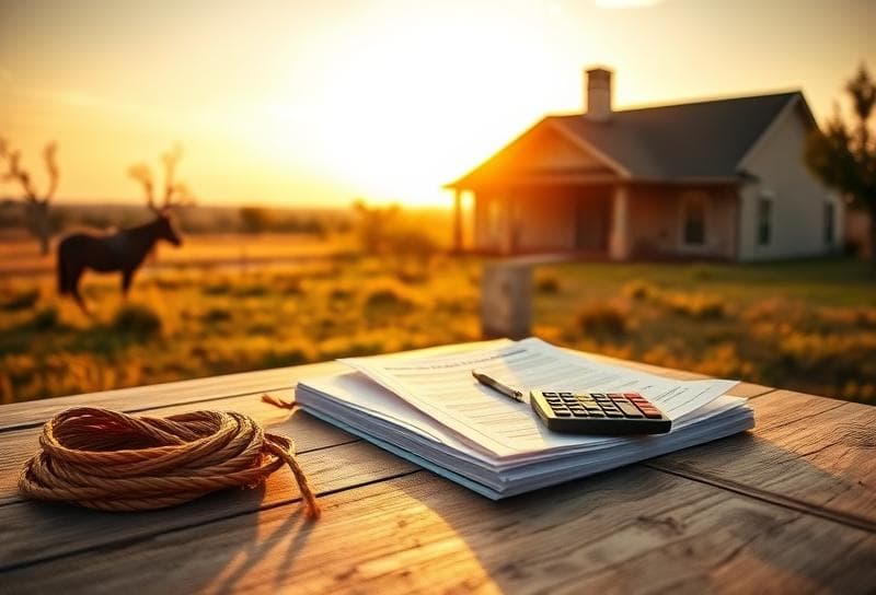 Sunlit Texas ranch with suburban home, property tax documents, and lasso symbolizing back tax clarity.