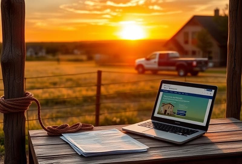 Sunset Texas ranch with lasso, property tax documents, and laptop showing Harris County property tax