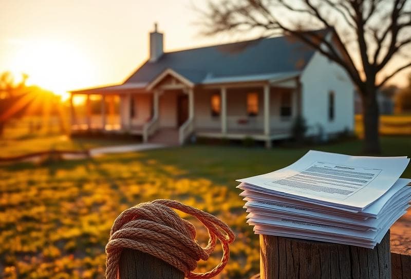 Sunset over a Texas ranch with property documents, lasso, and a Houston-style ranch house, symbolizing
