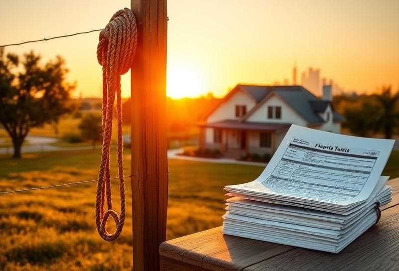 Texas ranch sunset with Houston-style home, lasso on fence, and property tax documents on rustic