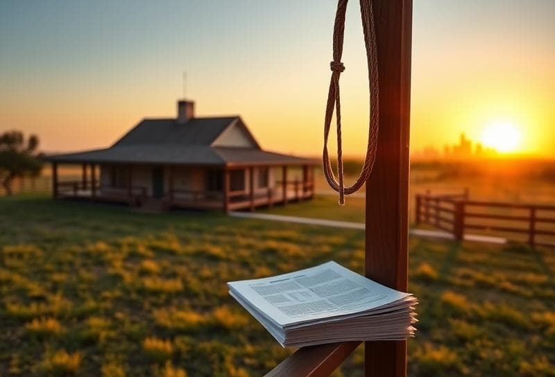 Texas ranch at sunset with property tax documents on a rustic porch, Houston skyline in