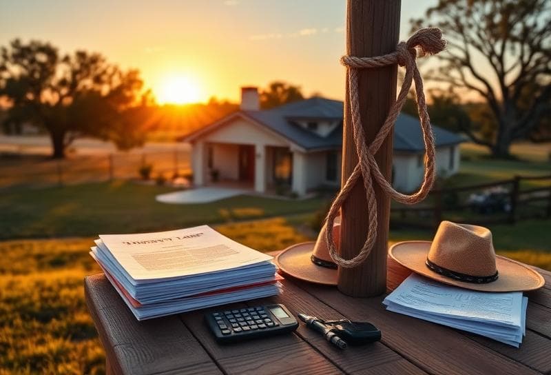 Texas ranch sunset with Houston-style home, lasso on fence, and property tax documents for small