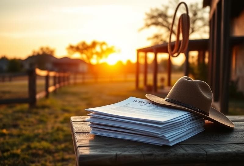 Texas ranch sunset with property tax documents, cowboy hat, and Houston suburban backdrop symbolizing tax