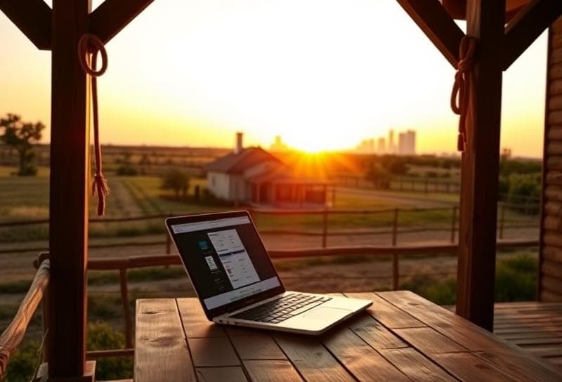 Texas ranch sunset with Houston suburban home, lasso on fence, and tax download software on