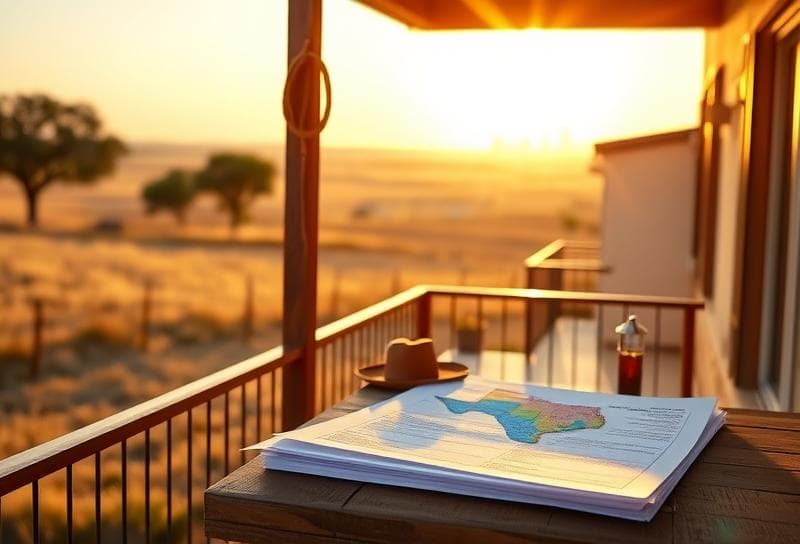 Texas ranch home with Houston skyline, cowboy hat, and property tax documents on porch.