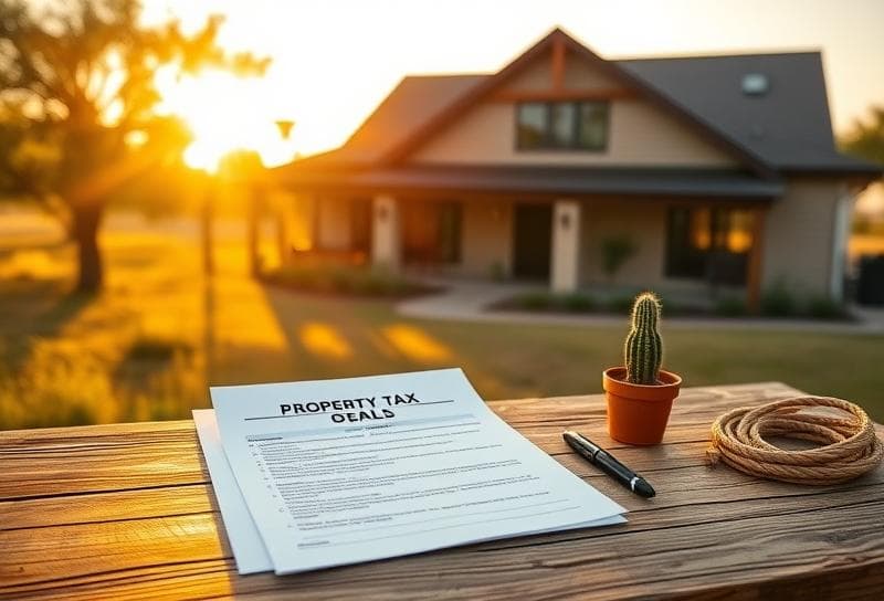 Sunlit Texas ranch with suburban home, property tax forms, lasso, and cactus for Houston homeowners