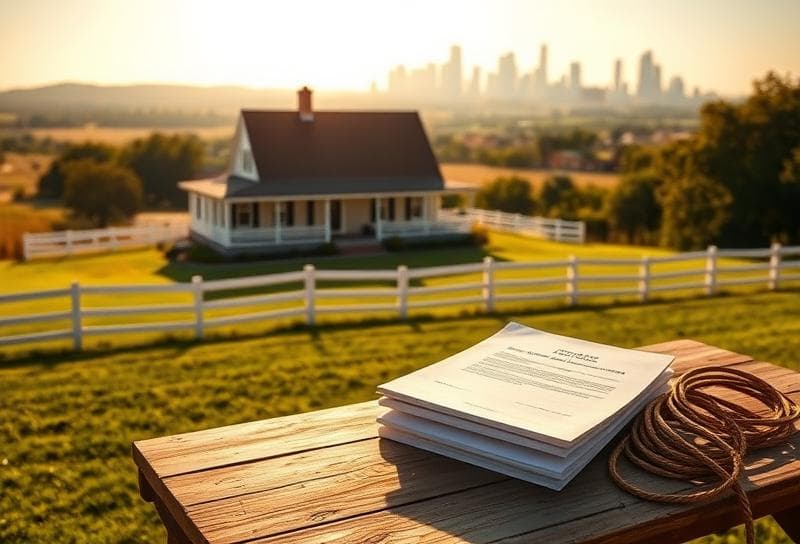 Texas ranch home with Houston skyline, property documents, and lasso symbolizing property look up by