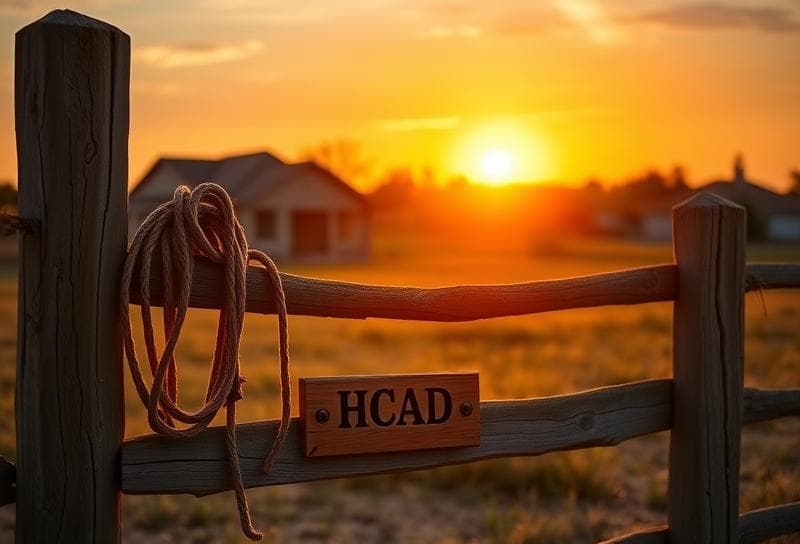 Texas ranch sunset with suburban Houston neighborhood, lasso on wooden fence, HCAD plaque visible.