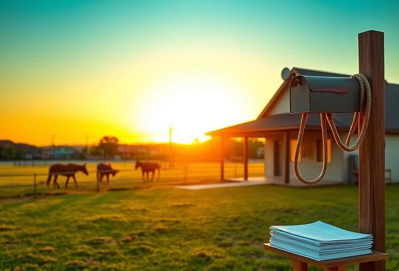 Texas ranch home at sunset with grazing horses, lasso on post, and Houston suburb backdrop