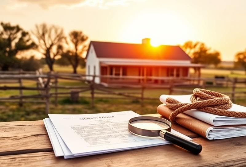 Texas ranch sunset with property documents, lasso, and Texas flag, highlighting property appraisal codes.