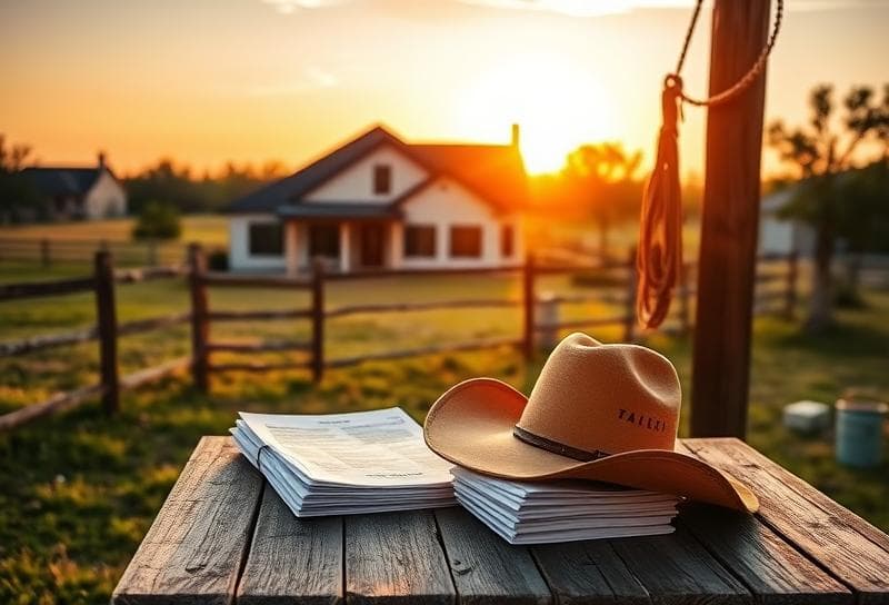 Texas ranch sunset with suburban home, lasso, and property tax documents on rustic table.