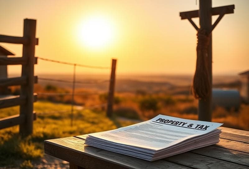Sunlit Texas ranch with Houston suburban home, lasso on fence, and tax-free 2023 documents on