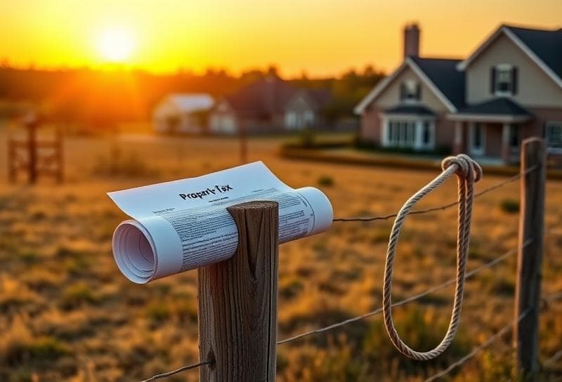 Texas ranch home at sunset with property tax document and lasso, symbolizing property tax appeal