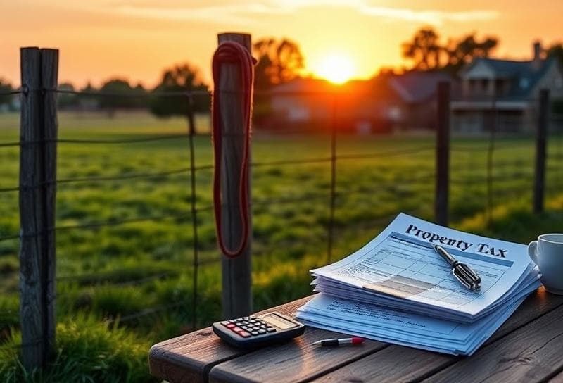 Sunset over a Texas ranch with Kingwood TX property tax documents on a rustic table,