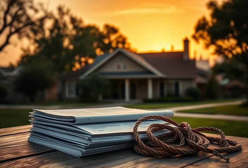 Rustic wooden table with property tax documents and lasso, Texas ranch home under sunset, Houston