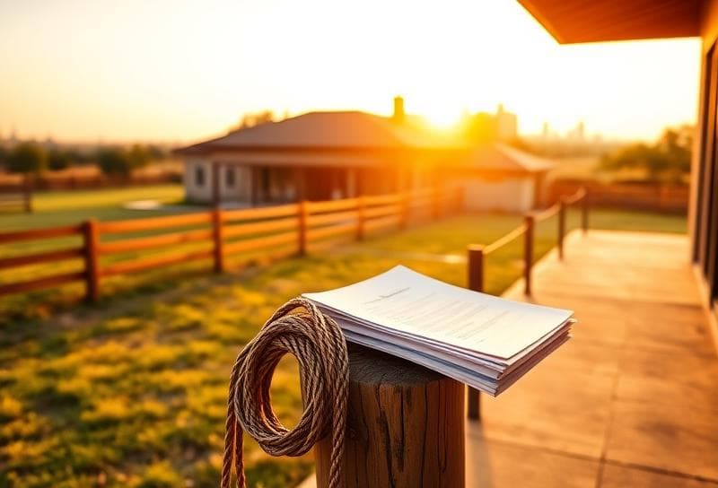 Texas ranch home at sunset with lasso on fence, property documents on porch, Houston skyline