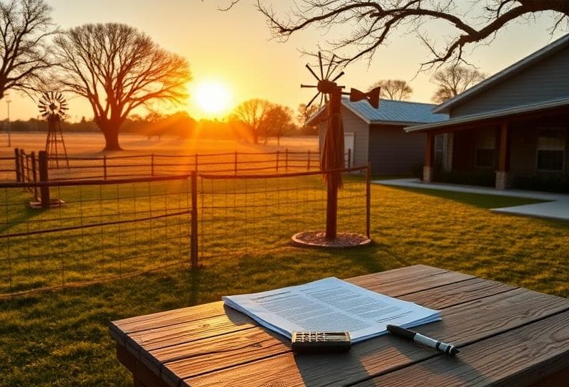 Texas ranch home with property tax documents, windmill, and lasso in Harris County, Houston.