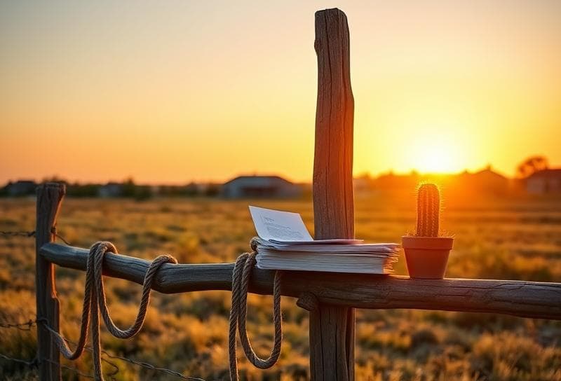 Texas ranch sunset with Houston suburb, lasso on fence, and property documents beside cactus.