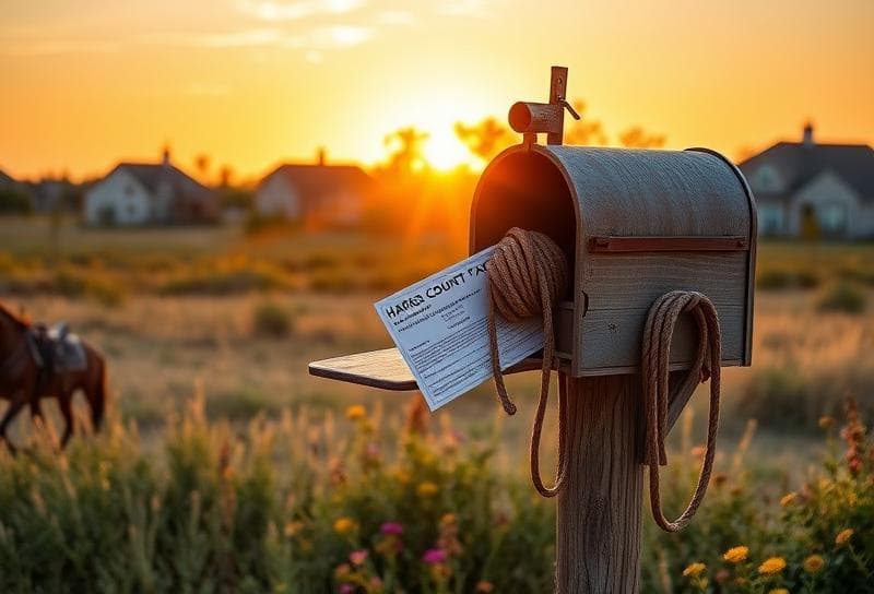 Weathered wooden mailbox with Harris County property tax notice, Texas sunset, and suburban Houston neighborhood
