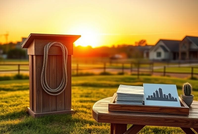 Sunset Texas ranch with Houston suburbs, auction podium, lasso, and property documents for real estate