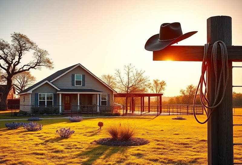 Suburban Houston home with Texas bluebonnets, cowboy hat, and lasso, symbolizing property tax pride.