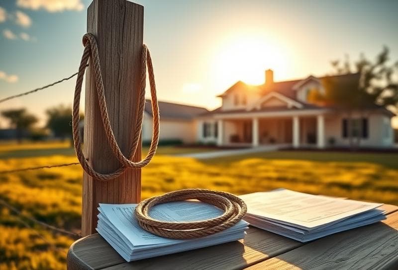 Sunlit Texas ranch with a Houston-style home, lasso on fence, and landlord tax calculator documents