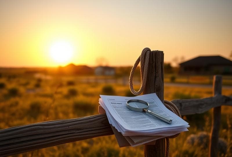Weathered wooden fence with a lasso, property tax documents, and magnifying glass under a Texas