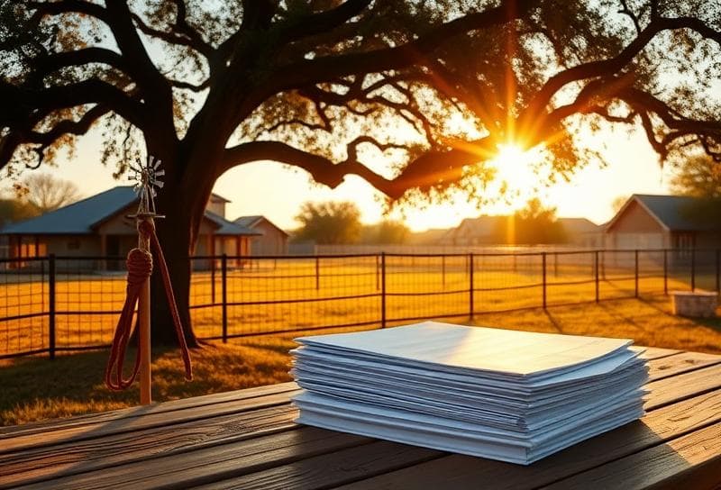 Sunlit Texas ranch with suburban home, lasso, and property tax research documents under an oak