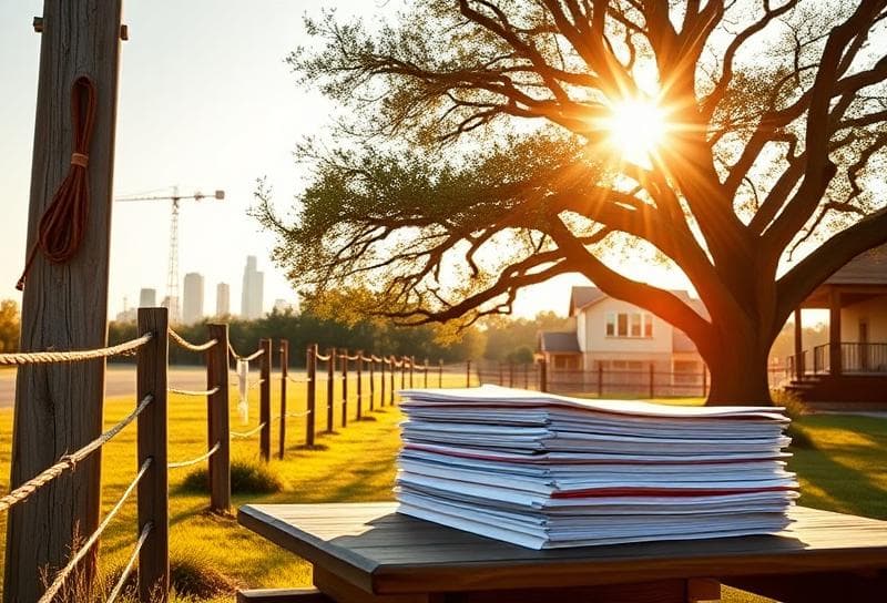 Sunlit Texas ranch with Houston suburban home, lasso on fence, and property tax documents under